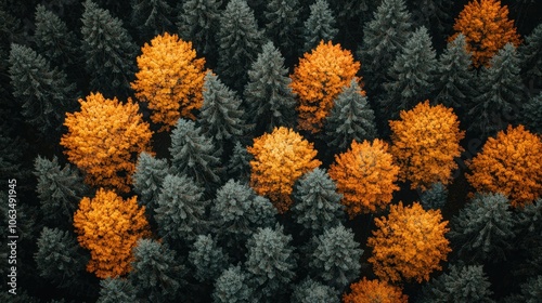 Aerial View of Autumn Forest with Golden Trees