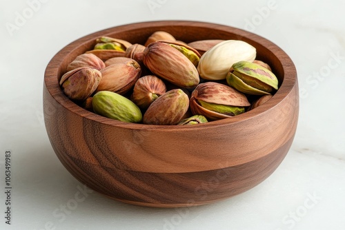 A wooden bowl filled with a variety of pistachio nuts resting on a marble countertop during daylight