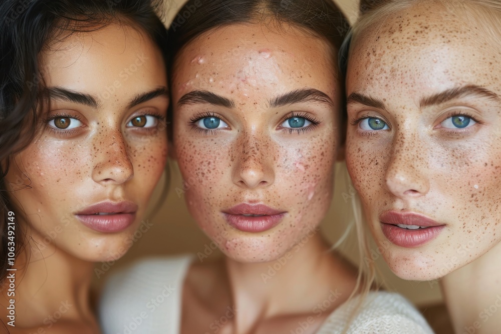 Close-up of three women with diverse skin tones, showcasing natural beauty and skin texture, emphasizing empowerment and confidence. Close-up of three women with diverse skin tones, showcasing natural beauty and skin texture, emphasizing empowerment and confidence.