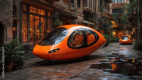 Futuristic Flying Cars in City Alleyway Urban Transportation Concept