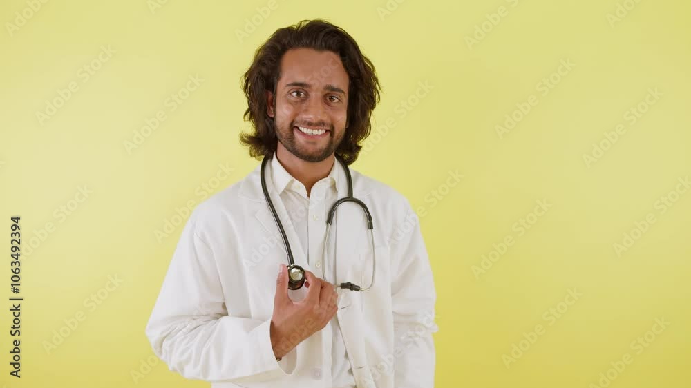 Physician Standing on Yellow Background With Smile Physician Standing on Yellow Background With Smile