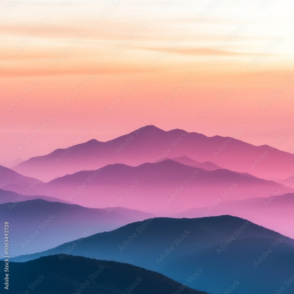 Serene mountain landscape at sunset with layered hues of pink and purple. Serene mountain landscape at sunset with layered hues of pink and purple.