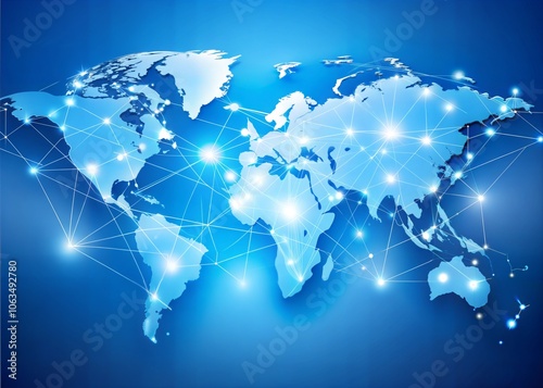 A light blue background with a digital world map and global network connections, representing the concept of international business or connectivity