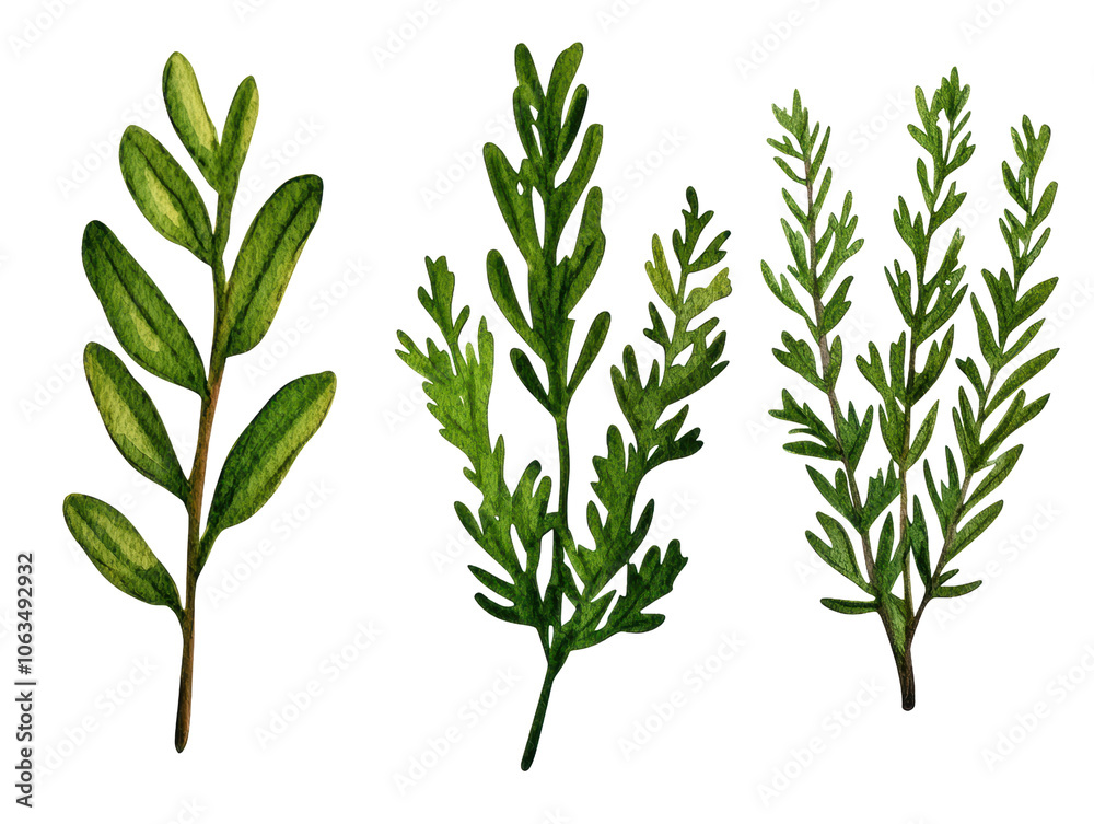 Fototapeta premium Three different types of green leaves displayed highlighting their unique shapes and textures.
