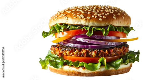 Vegan lentils burger with vegetables on white background. Isolated