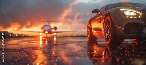 Elegant black car parked beside private jet at airport, showcasing opulent lifestyle and luxury