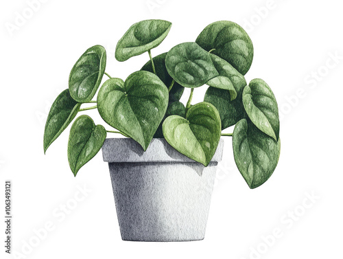 A vibrant green plant with heart-shaped leaves in a simple white pot, contrasting beautifully 