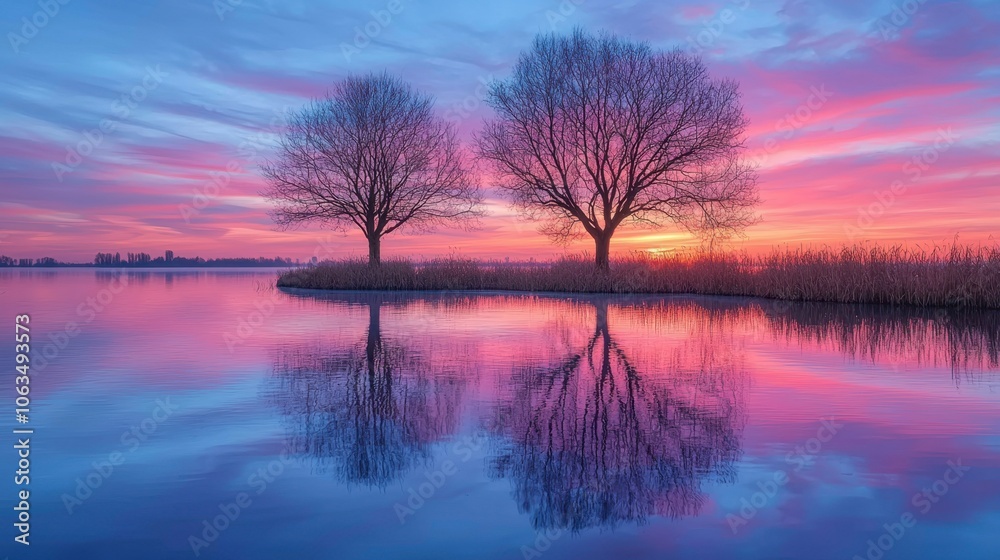Fototapeta premium Serene Sunrise Over Calm Lake With Two Trees Reflecting In Water