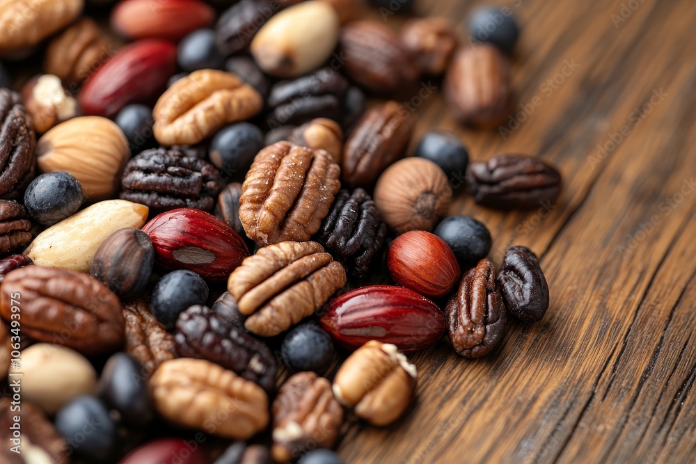 An assortment of assorted nuts and seeds arranged on a wooden surface showcasing natural textures and colors for healthy snacking options