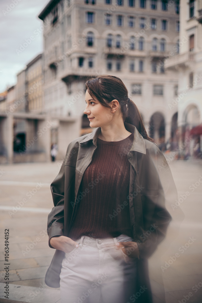 Fototapeta premium Street photos of a beautiful and stylishly dressed girl
