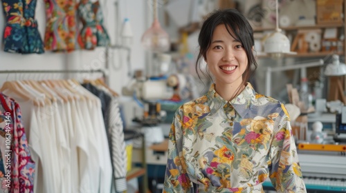 A designer in a colorful dress smiles in a dressmaking studio, surrounded by fabric and sewing tools, showcasing a creative workspace.