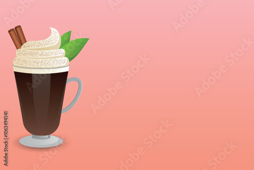 Glass of hot chocolate with cinnamon placed on the side on an empty background.