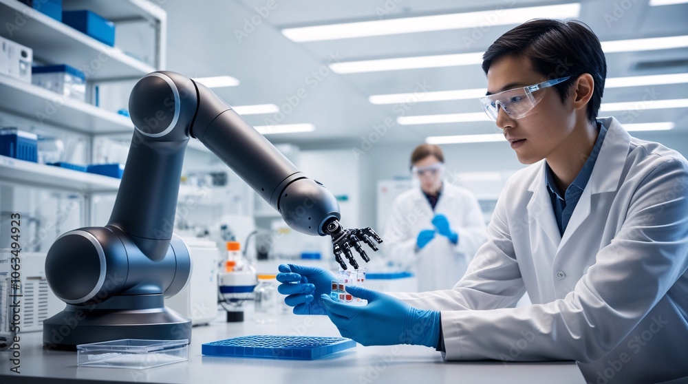 A scientist in a lab coat works with a robotic arm to manipulate samples in a well-equipped research laboratory. Another researcher is visible in the background, focused on their tasks A scientist in a lab coat works with a robotic arm to manipulate samples in a well-equipped research laboratory. Another researcher is visible in the background, focused on their tasks