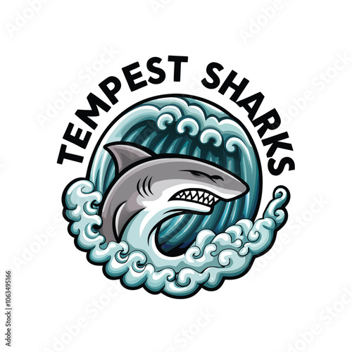 A cartoon shark mascot, wearing a life preserver, surrounded by swirling text bubbles that read "text tempest".