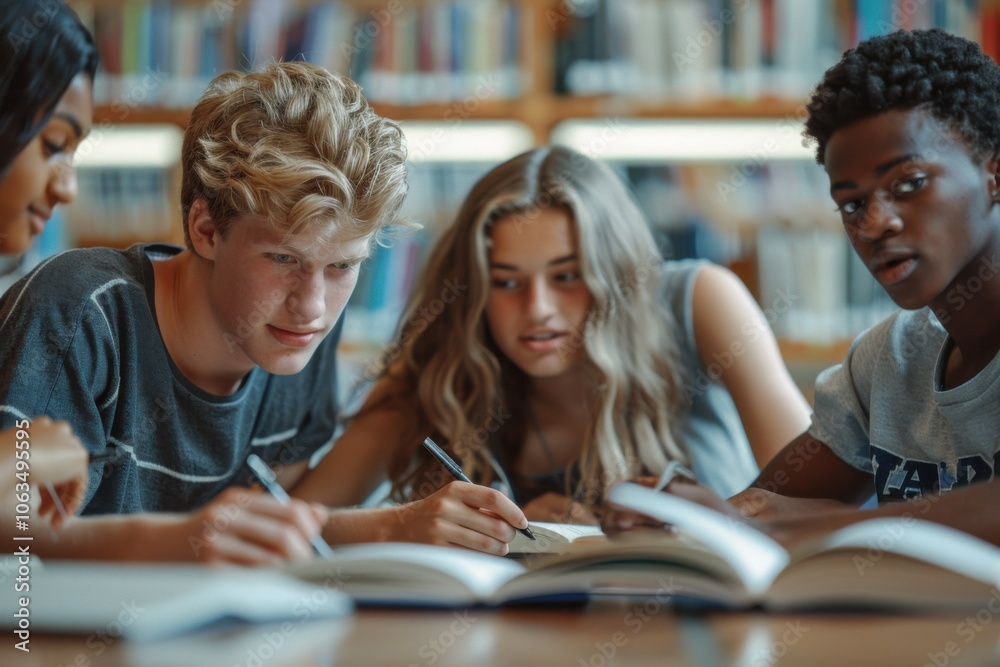 A group of young people focused on school assignments at a library table. They are writing and surrounded by open books, conveying a studious atmosphere.