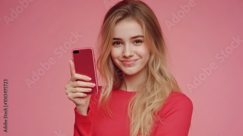 Portrait of pretty young girl show thumb up hold phone red top isolated on pink color background