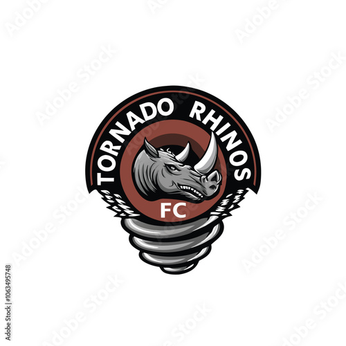 A powerful rhino charges through a swirling text tornado, "Text Tornado Rhinos FC" forming the vortex.