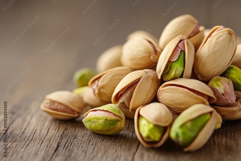 Pistachios in their shells scattered on a wooden table, highlighting their natural texture and color during a bright afternoon Pistachios in their shells scattered on a wooden table, highlighting their natural texture and color during a bright afternoon
