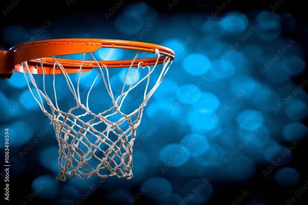 Dynamic basketball scene  a ball soaring into the hoop amidst vibrant blue lighting for text space
