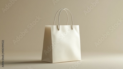 A mock-up of a white paper shopping bag with handles set against a soft beige background, emphasizing its blank design.