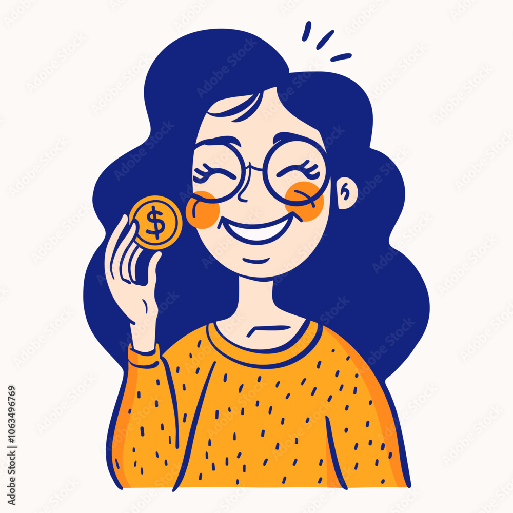Young woman holding coin, smiling with satisfaction. Simple, colorful illustration. Female entrepreneur. Finances, financial success, investment Young woman holding coin, smiling with satisfaction. Simple, colorful illustration. Female entrepreneur. Finances, financial success, investment