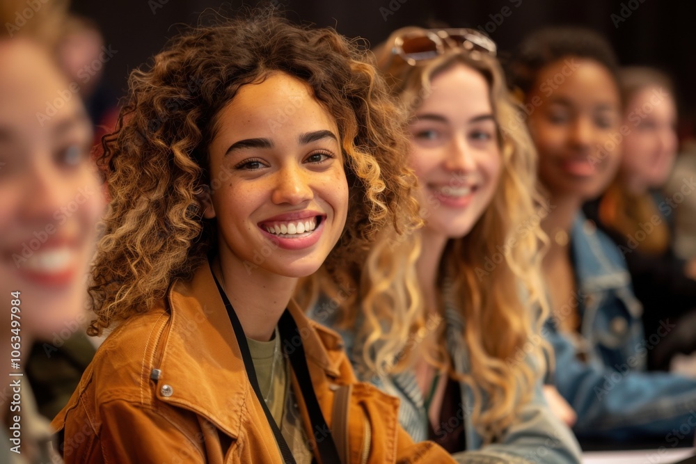 A diverse group of smiling businesspeople sit together during a lively presentation. Everyone looks engaged and happy. A diverse group of smiling businesspeople sit together during a lively presentation. Everyone looks engaged and happy.