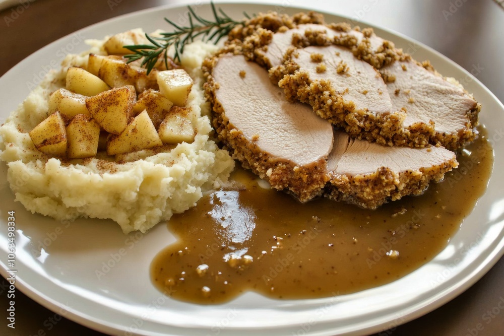 Thanksgiving Dinner Meal: Sliced turkey roast with gravy drizzle. Served on a dark plate with diced cinnamon apples, stuffing, and mashed potatoes dashed with seasoning. Thanksgiving Dinner Meal: Sliced turkey roast with gravy drizzle. Served on a dark plate with diced cinnamon apples, stuffing, and mashed potatoes dashed with seasoning.