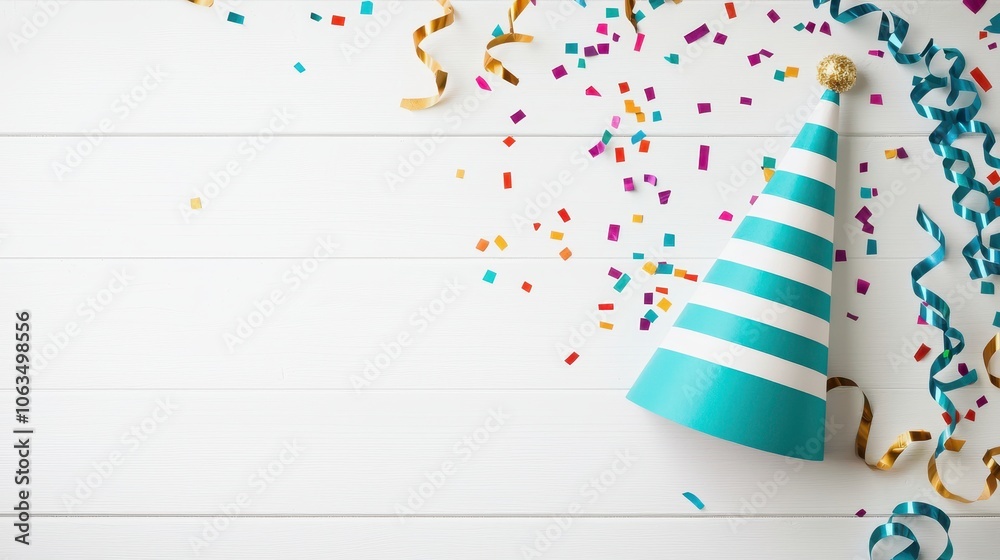 Obraz premium Colorful party hat with confetti and streamers on a white background.