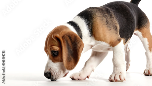 Curious beagle puppy sniffing isolated on white background