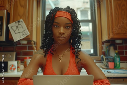 A woman in fitness wear is sitting in a kitchen with a laptop, possibly teaching exercises online. She looks focused and confident.