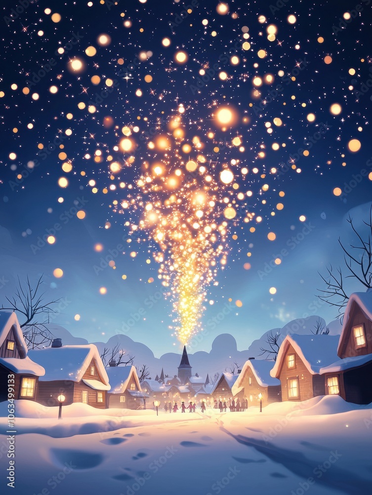 Festive village scene illuminated by sparkling lights in a snowy winter night. Festive village scene illuminated by sparkling lights in a snowy winter night.