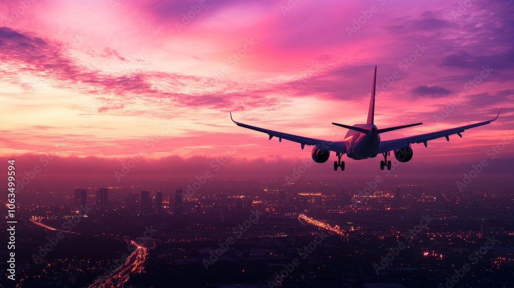 Airplane at sunset with vibrant sky over a cityscape, embodying travel and adventure. Perfect for themes of transportation and journeys. Airplane at sunset with vibrant sky over a cityscape, embodying travel and adventure. Perfect for themes of transportation and journeys.