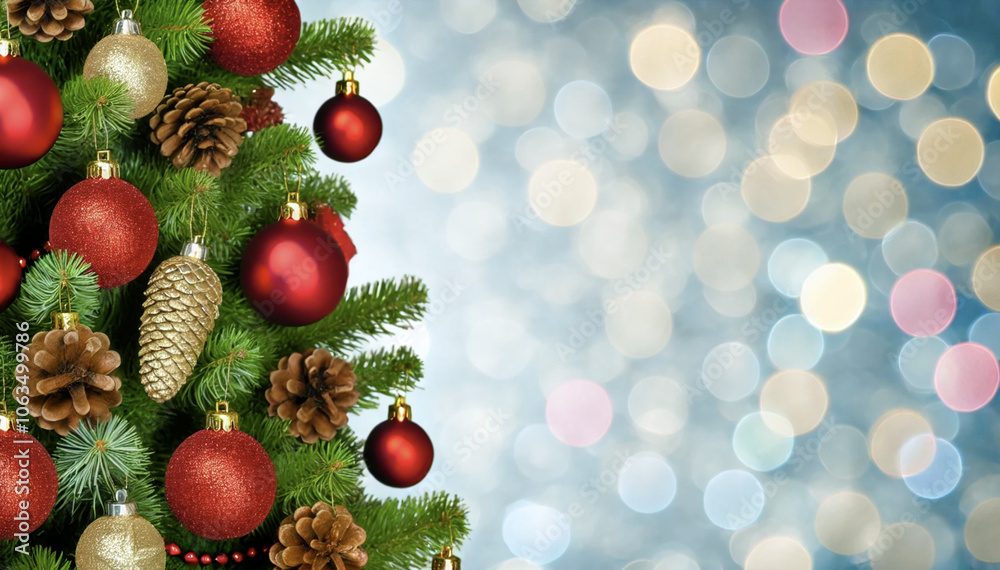 Christmas and New Year background. Decorated Christmas tree with shiny balls and garlands with bokeh texture. The atmosphere of celebration and magic Christmas and New Year background. Decorated Christmas tree with shiny balls and garlands with bokeh texture. The atmosphere of celebration and magic
