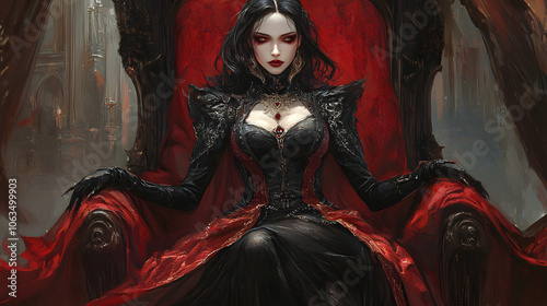 Powerful dark queen seated on an ornate throne in a gothic castle, wearing intricate black and red attire with piercing eyes, embodying elegance, mystery, and supernatural allure