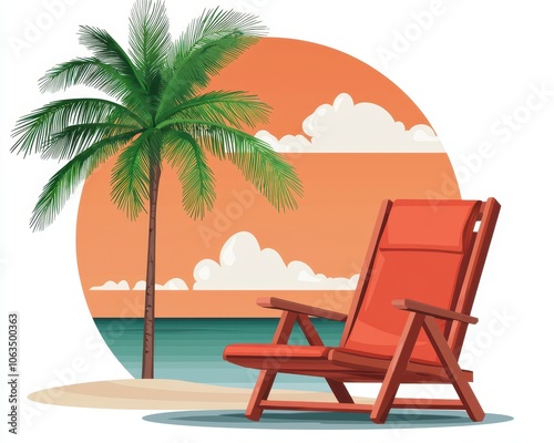 Relaxing beach scene with a lounge chair, palm tree, and sunset backdrop.