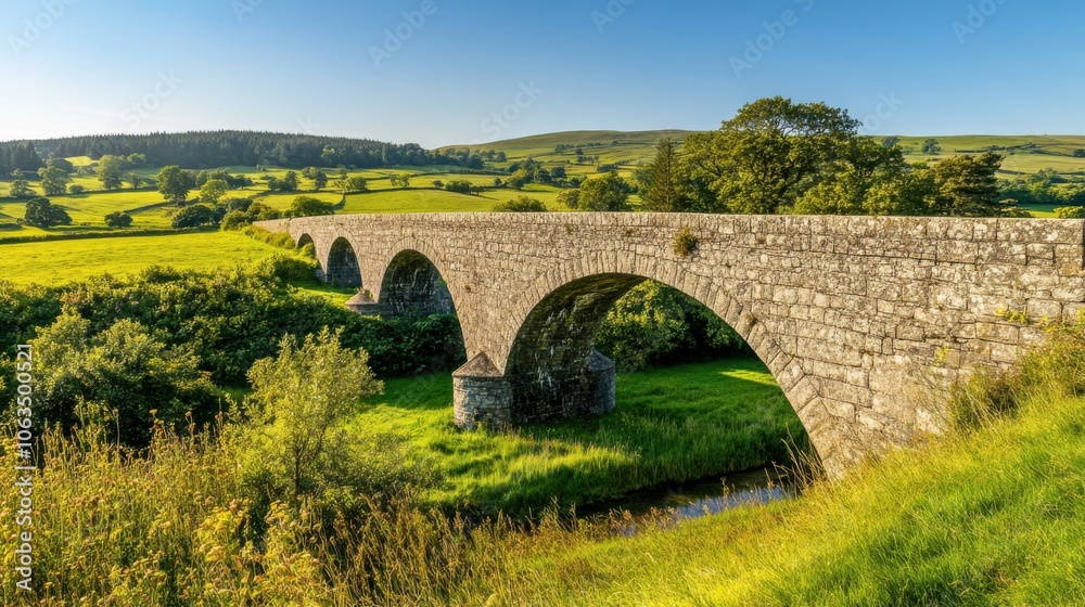 A panoramic view of a historic stone arch bridge spanning A panoramic view of a historic stone arch bridge spanning