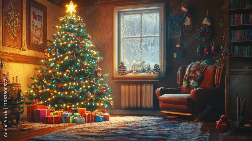 Cozy Holiday Living Room with Christmas Tree and Gifts Cozy Holiday Living Room with Christmas Tree and Gifts