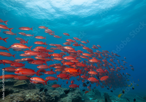 School red fish swimming in blue ocean water tropical under water. Scuba diving adventure in Maldives. Fishes in underwater wild animal world. Observation of wildlife Indian ocean background