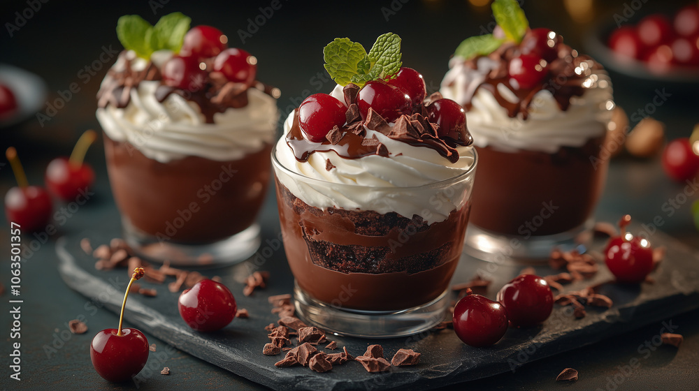 Chocolate dessert layered with cherries and topped with whipped cream in glass cups Chocolate dessert layered with cherries and topped with whipped cream in glass cups