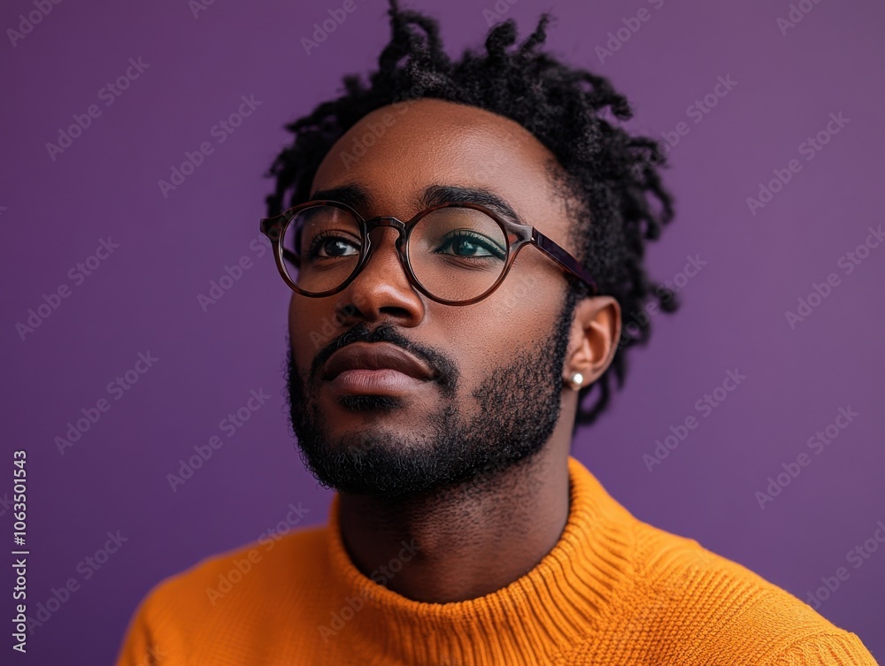 A thoughtful man with glasses and a beard gazes upward against a solid purple background, wearing a cozy orange sweater. A thoughtful man with glasses and a beard gazes upward against a solid purple background, wearing a cozy orange sweater.