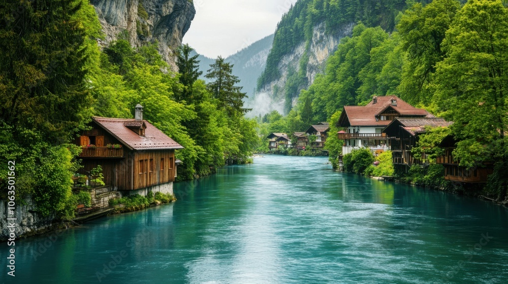 Fototapeta premium A picturesque alpine river with crystal-clear blue water winding