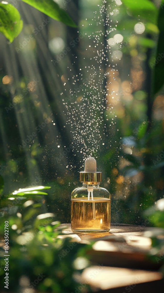 A serene image featuring a glass dropper bottle surrounded by greenery, with light glistening off the water droplets, Ideal for beauty, skincare, or eco-friendly product advertisements or blogs, A serene image featuring a glass dropper bottle surrounded by greenery, with light glistening off the water droplets, Ideal for beauty, skincare, or eco-friendly product advertisements or blogs,