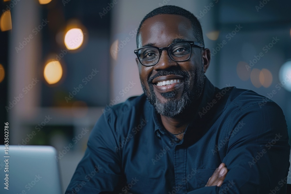 A happy businessman with glasses is smiling while sitting at a desk. The scene is warmly lit, creating a friendly and positive atmosphere. A happy businessman with glasses is smiling while sitting at a desk. The scene is warmly lit, creating a friendly and positive atmosphere.