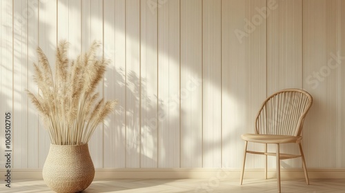 tastefully designed interior mock-up in calming beige tones featuring a stylish wooden chair against a backdrop of wood paneling, showcasing modern minimalism
