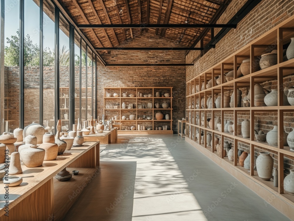 An airy gallery filled with various clay pots showcases artisanal pottery against a backdrop of rustic brick walls and large windows, ideal for use in cultural exhibits or interior design projects, An airy gallery filled with various clay pots showcases artisanal pottery against a backdrop of rustic brick walls and large windows, ideal for use in cultural exhibits or interior design projects,