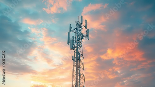 telecommunication tower with advanced 5g equipment, showcasing smart antennas against a cloudy sky, symbolizing modern connectivity and advancements in communication technology