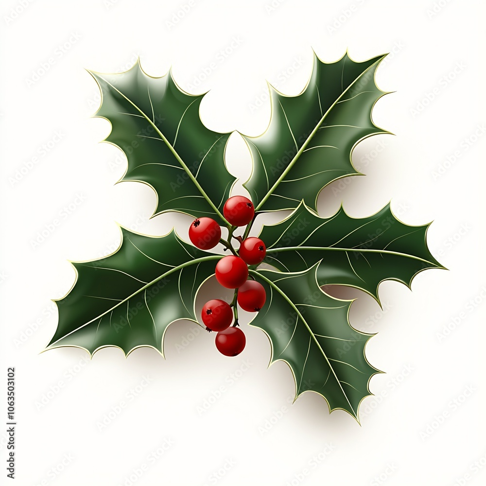 Traditional Christmas Holly with Vivid Red Berries and Glossy Green Leaves on White Background : Generative AI Traditional Christmas Holly with Vivid Red Berries and Glossy Green Leaves on White Background : Generative AI