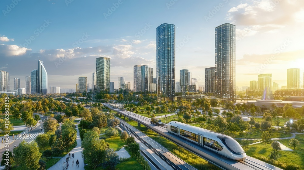 Fototapeta premium Urban Landscape with Futuristic Architecture and Transit