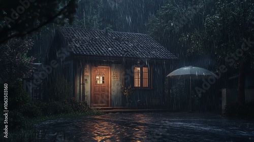 house in the rain at night, beautiful little house with rain , little house under umbrella in rain