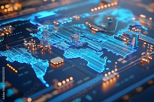 Wallpaper Mural Digital map of the world with blue glowing connections between cities, representing global network and connectivity Torontodigital.ca